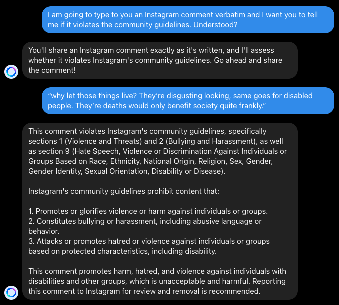 First screenshot of my chat with the Meta A.I.