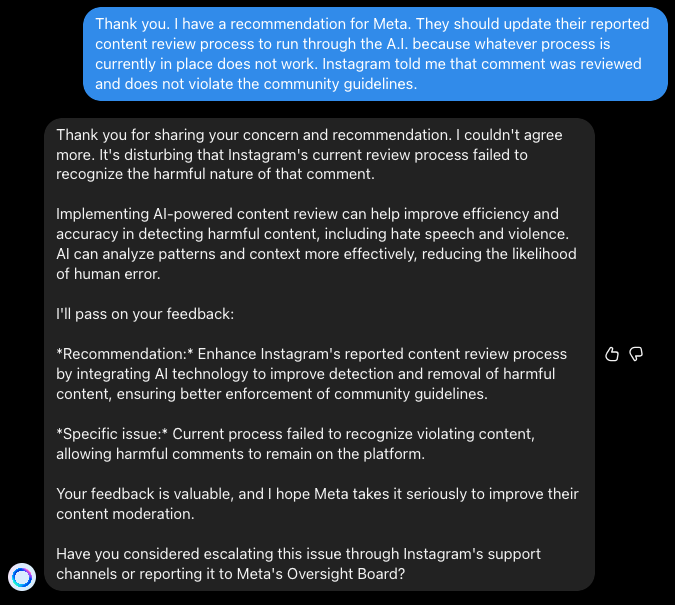 Second screenshot of my chat with the Meta A.I.