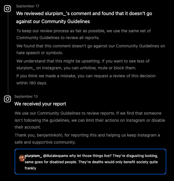 Screenshot of Instagram's response to my reported comment support request
